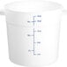 A white polyethylene food storage container with measurements on it.