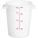 A white Carlisle round plastic food storage container with red measurements and text.