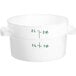 A white plastic Carlisle food storage container with green measurements.