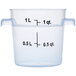 A Carlisle clear plastic food storage container with measurements.
