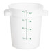 A white round Carlisle polyethylene food storage container with measurements in green.