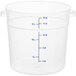 A clear Carlisle food storage container with blue measurements.