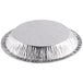 A close-up of a round silver D&W Fine Pack foil pie plate.