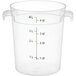 A Carlisle translucent round plastic food storage container with measurements on it.