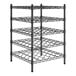 A black metal Regency wire wine rack with black wire mesh shelves.