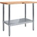 A wood and galvanized metal work table with adjustable undershelf.