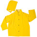 A yellow rain jacket with a hood and black buttons.
