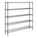 A black wire shelving unit with five shelves.