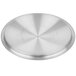 A silver circular Vollrath Arkadia pan cover with a circular pattern and a circular hole in the center.