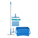 A blue plastic container with a Lavex window cleaning kit including a mop and blue cleaning supplies.