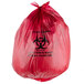 A red high density infectious waste bag with a biohazard symbol.