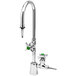 A T&S chrome laboratory faucet with green handles and a green gooseneck spout.