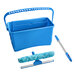 A blue bucket with a handle, a cleaning brush, and a sponge.