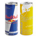 Two cans of Red Bull, one yellow and one blue, with white and silver accents.