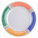 A white wide rim plate with colorful diamond stripes.