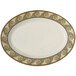 A white oval platter with a brown and gold swirl design.