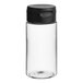 A clear PET cylinder sauce bottle with a black lid.