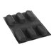A black silicone baking mold with six oval cavities.