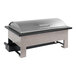 A Cal-Mil gray metal chafing dish with lid on a table.