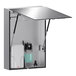 A stainless steel metal box with a frameless mirror and a liquid soap dispenser on the front, with a hand dryer inside.