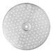 A white circular metal disc with holes in it.