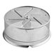 A silver metal Garde 1.5 mm Food Mill sieve with a metal lid and holes.