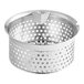 A silver metal Garde XL food mill sieve with holes in it.