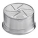 A silver circular metal Garde 1.5 mm food mill sieve with holes.