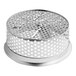 A silver metal Garde XL food mill sieve with holes.