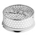 A silver circular metal strainer with holes.