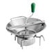 A Garde stainless steel rotary food mill with a metal bowl and green handle.