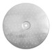 A circular silver disc with holes in it.