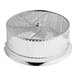 A silver circular stainless steel mesh strainer.