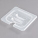 A translucent plastic lid for a 1/6 size food pan with a handle and spoon notch.