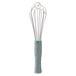 A Vollrath stainless steel French whisk with a green nylon handle.