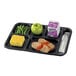 A black Cambro 6-compartment serving tray with food.