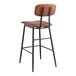 A Lancaster Table & Seating black barstool with a brown vinyl seat and backrest.