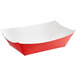 A red paper food tray with white on the inside.