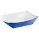 A blue and white paper food tray.