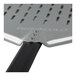 A close up of a Pinnacolo perforated aluminum pizza peel with a metal shovel end.