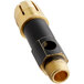 A metal pipe with a black and gold nozzle threaded with brass.