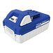 A blue and white Sun Joe battery charger with a blue and white cover.