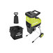 A green and black Sun Joe electric wood chipper and shredder with a black collection bag with white text.