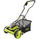 A yellow and black Sun Joe cordless push reel mower with a bag.