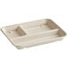 A white rectangular World Centric compostable fiber tray with three compartments.