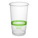 A clear plastic World Centric compostable cold cup with a green label.