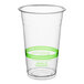 A World Centric clear plastic cup with a green stripe and label.