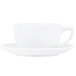 A CAC bright white Clinton cappuccino cup and saucer on a white surface.