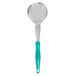 A Vollrath teal-handled round portion spoon with a close-up of the spoon bowl.