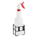 A white Lavex spray bottle with a red handle in a black wall-mounted holder.